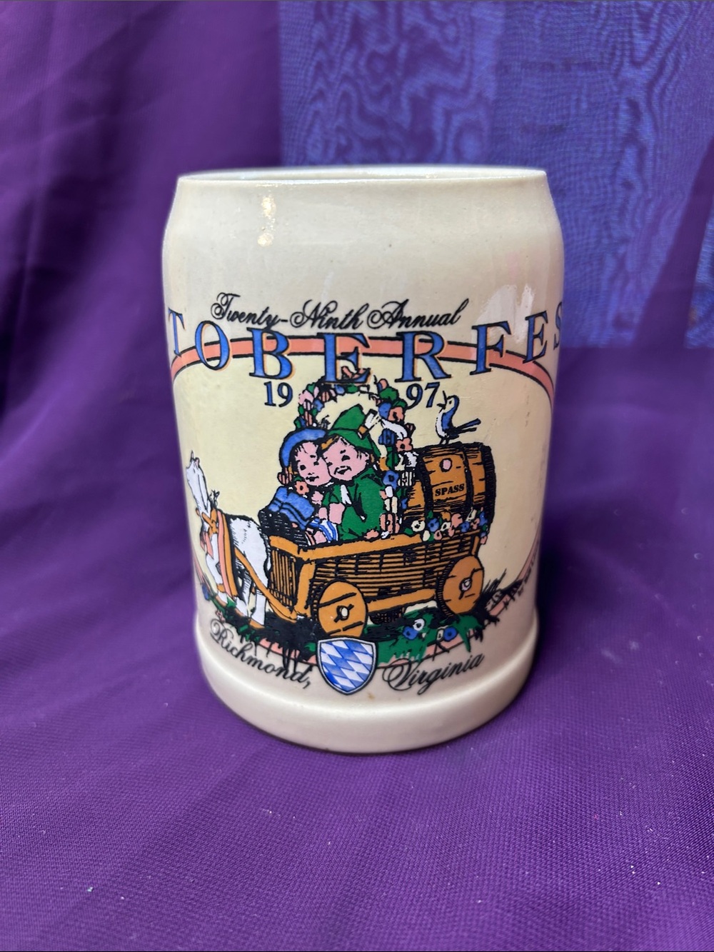Oktoberfest 1997 Ceramic Beer Stein - Cream with Colorful Print